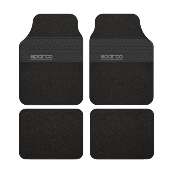 SPARCO UNIVERSAL 5PCS CARPET CAR MATS SET, WITH PVC HEEL PAD, BLACK