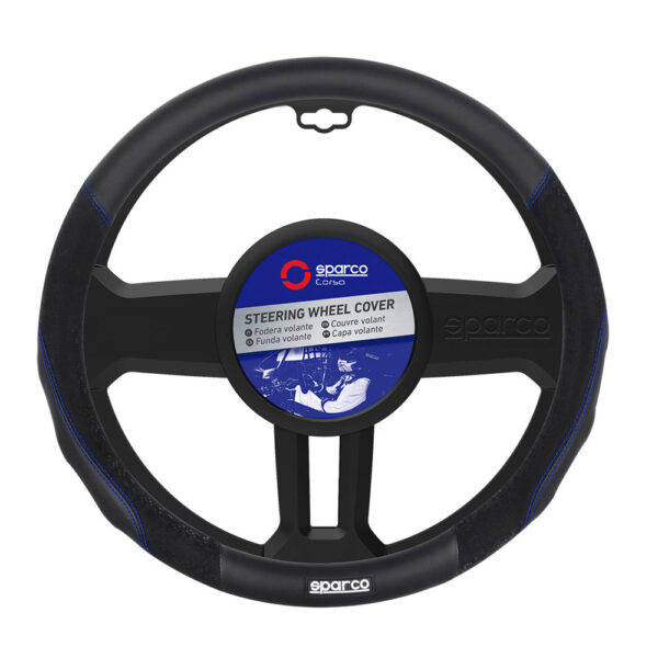 Sparco Steering Wheel Cover,Rubber Ring 38*8.2cm Black PVC+Diamond PVC+Blue stitching